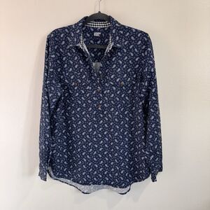 Lands' End Shirt Blouse L 14-16 Blue White Paisley Henley Gingham Long Sleeve
